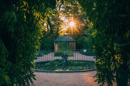 Der Schulgarten im Stadtpark Fürth erstrahlt in der Morgensonne, umgeben von üppigem Grün und Pflanzen